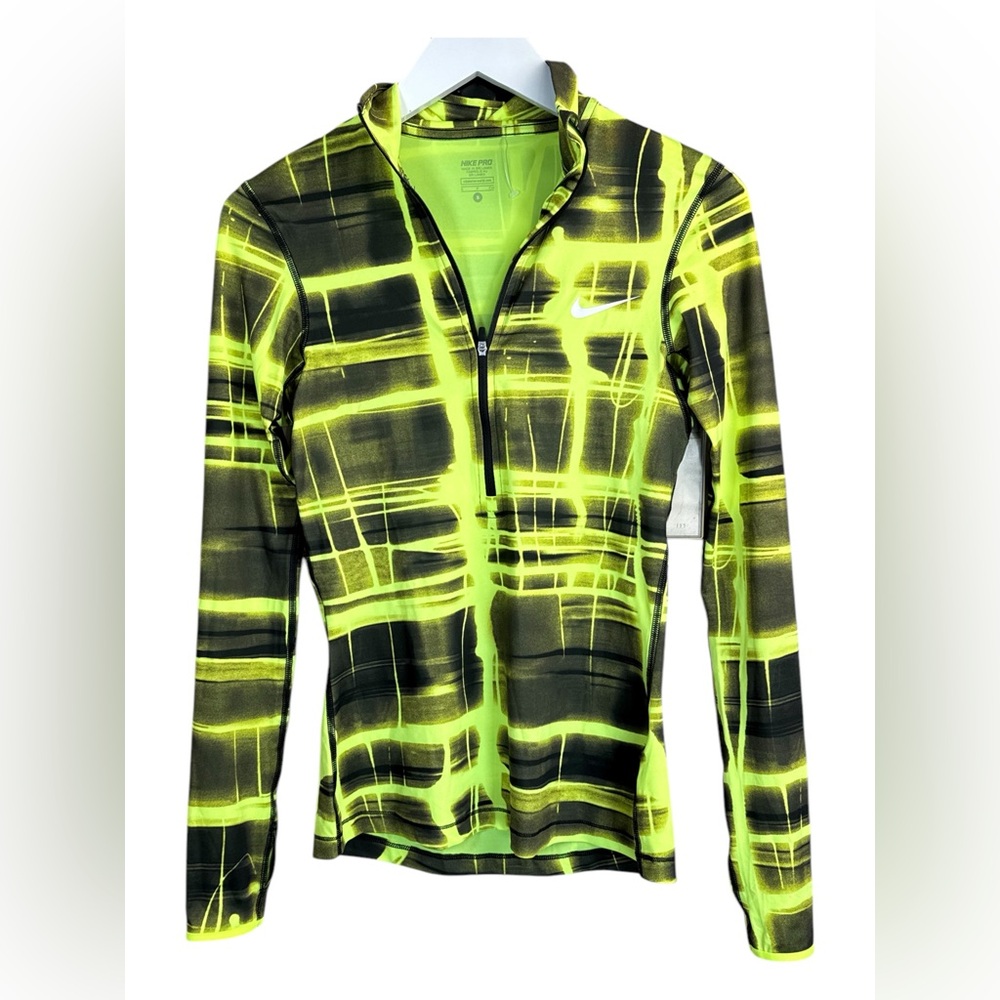 Nike Pro Running Top Womens Small Neon Yellow Black Quarter Zip Thumbhole Layer - Picture 3 of 4